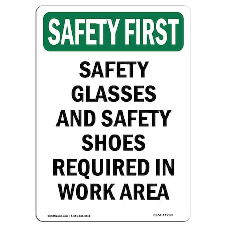OSHA SAFETY FIRST Sign, Safety Glasses And Safety Shoes, 5in X 3.5in Decal, 10PK